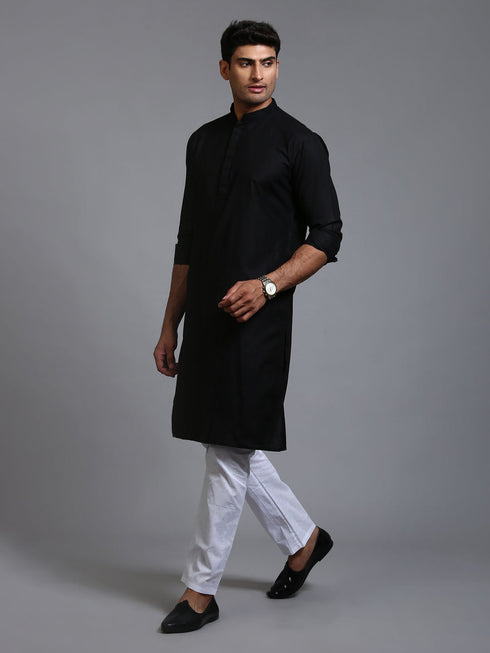 Vastramay Men's Black Cotton Blend Kurta Pyjama Set